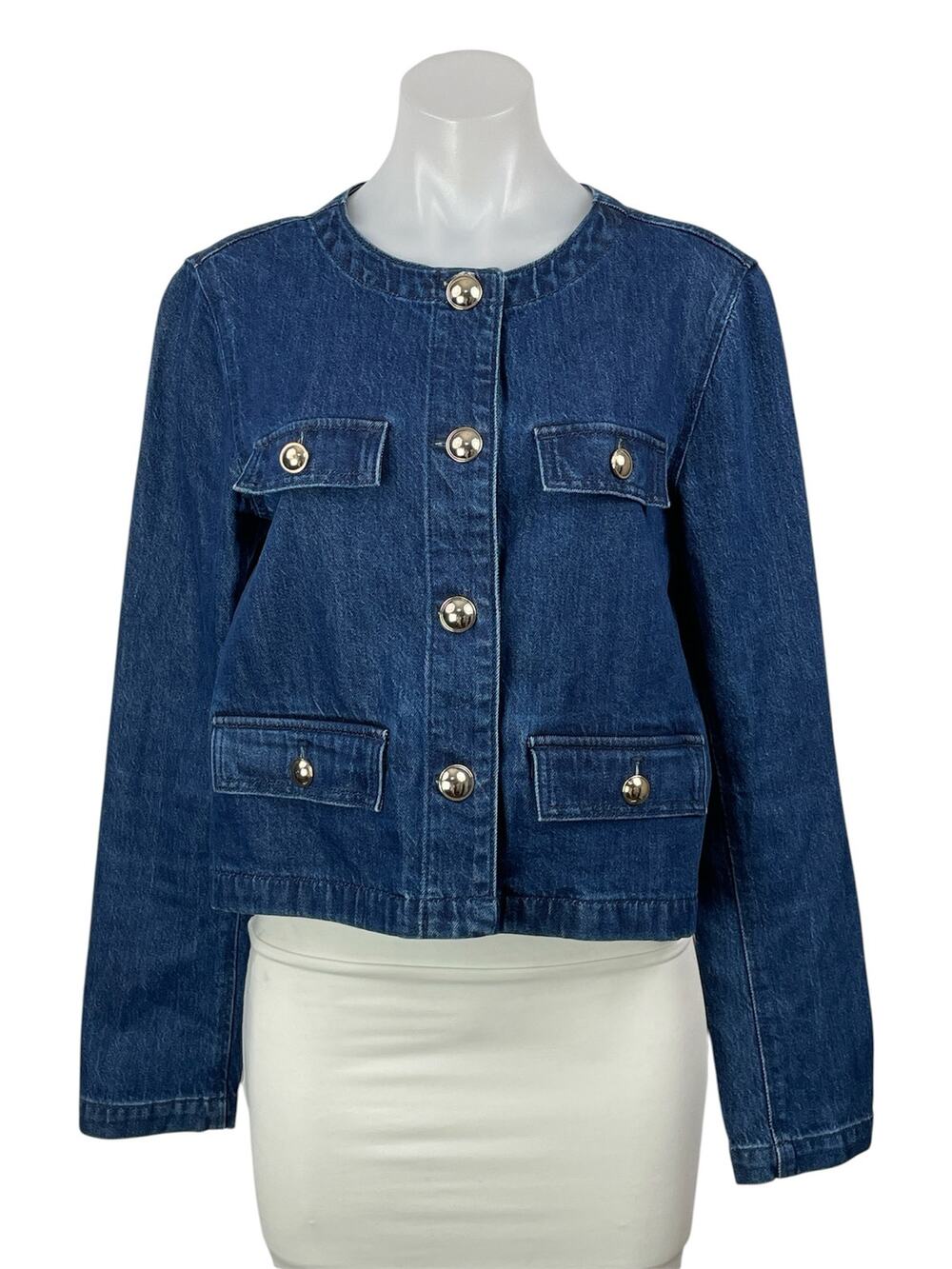 Ann Taylor Blue Long Sleeves Patch Pocket Cropped Denim Jean Coat Jacket Size S
